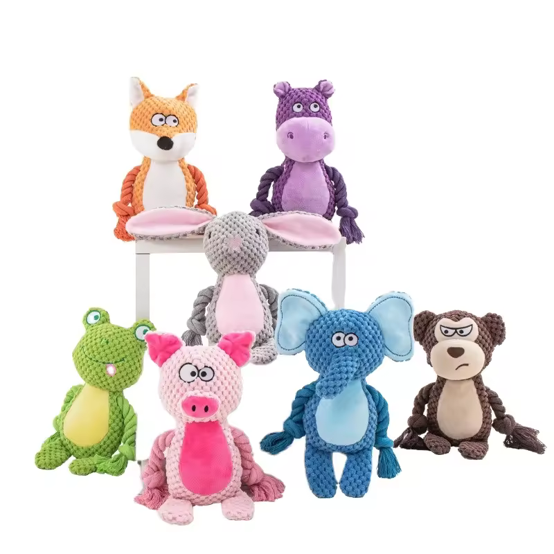 New Interactive Tug-of-War Training Cat Toy Plush Sound Cotton Rope Toys in the Form of Fox Frog Pig Dog Small Animals Fun Style
